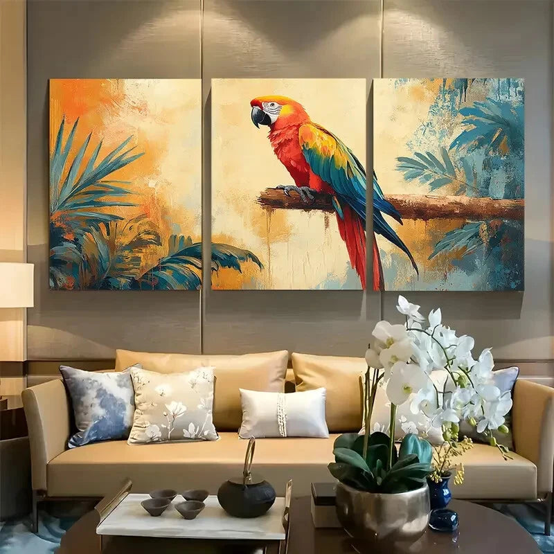 3pcs Vibrant Macaw & Palm Tree Metal Print Ready to Hang Art