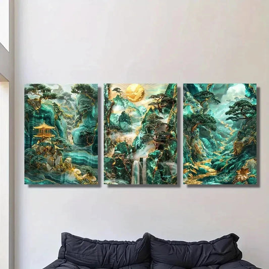 3pcs Blue and Golden Mountain and Forest Scenery Metal Print Ready to Hang Art