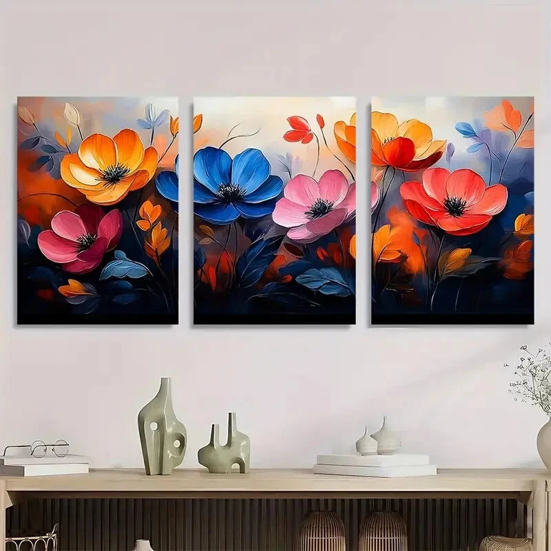 3pcs Modern Abstract Bright Colors Flower Metal Print Ready to Hang Art