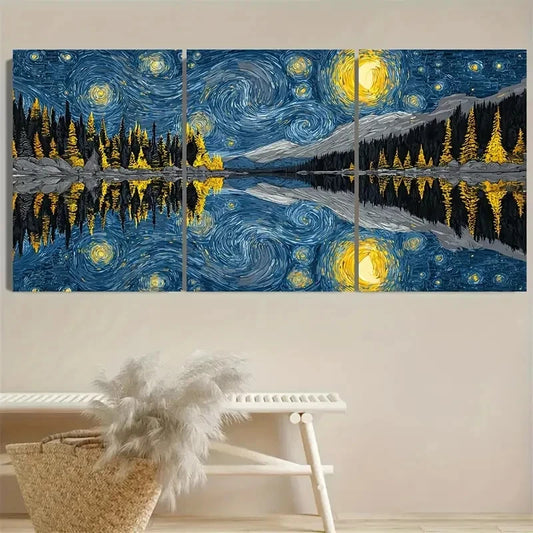 3pcs Starry Night Over the Lake Wall Art Metal Print Ready to Hang Art