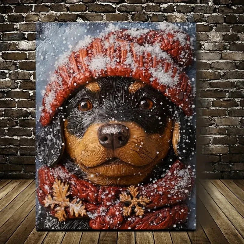 Adorable Rottweiler Puppy Wearing a Winter Painting 40x60cm Metal Print Ready to Hang