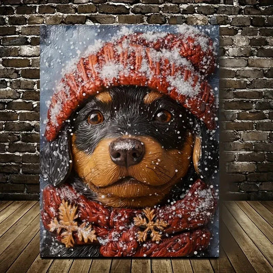 Adorable Rottweiler Puppy Wearing a Winter Painting 40x60cm Metal Print Ready to Hang