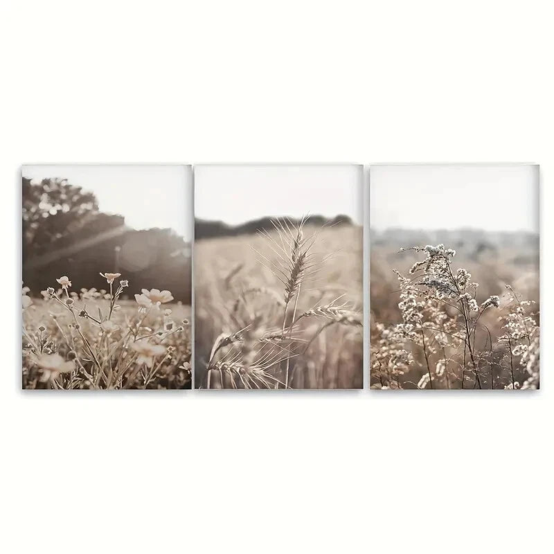 3pcs Nature-Inspired Floral and Wheat Field Metal Print Ready to Hang Art