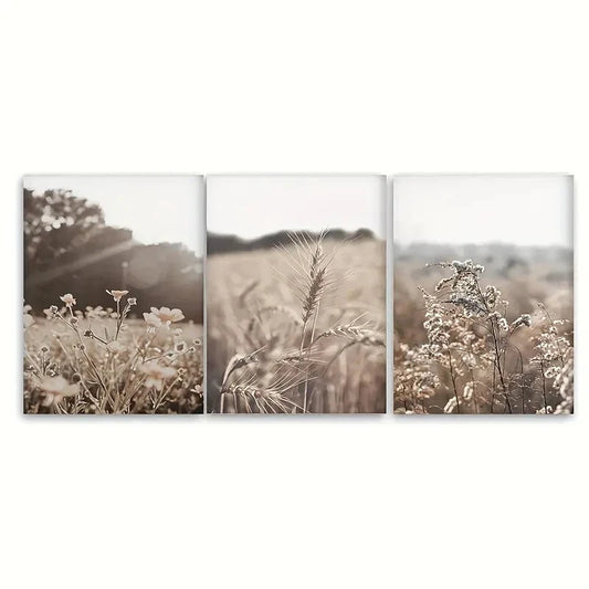 3pcs Nature-Inspired Floral and Wheat Field Metal Print Ready to Hang Art