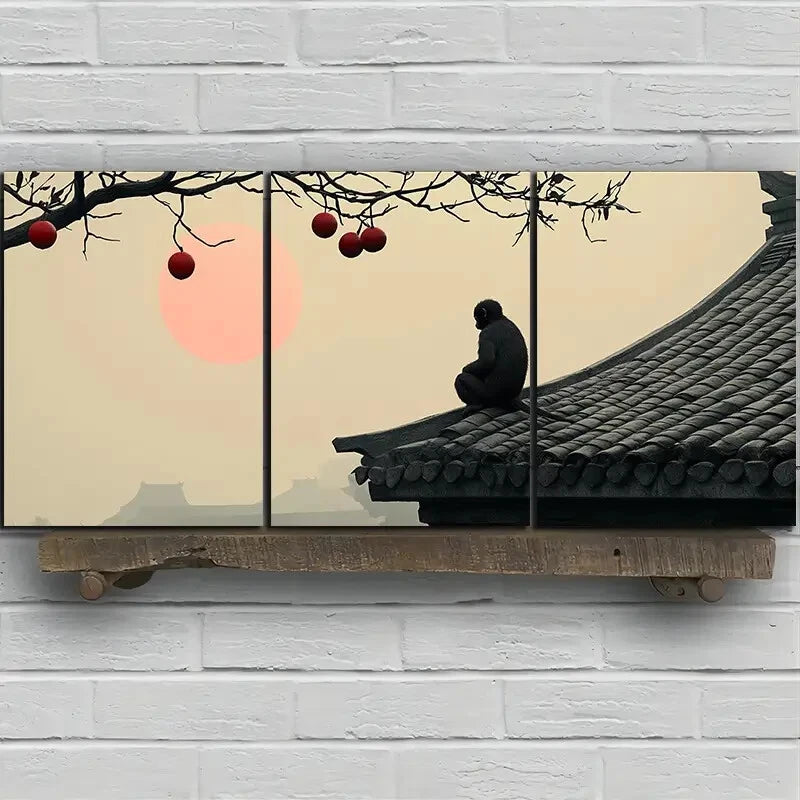 3pcs The Persimmon Tree On The Eaves Monkey Metal Print Ready to Hang Art