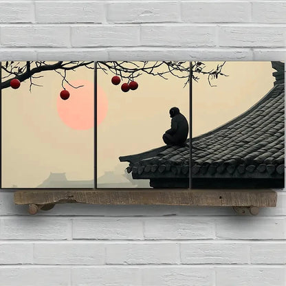 3pcs The Persimmon Tree On The Eaves Monkey Metal Print Ready to Hang Art