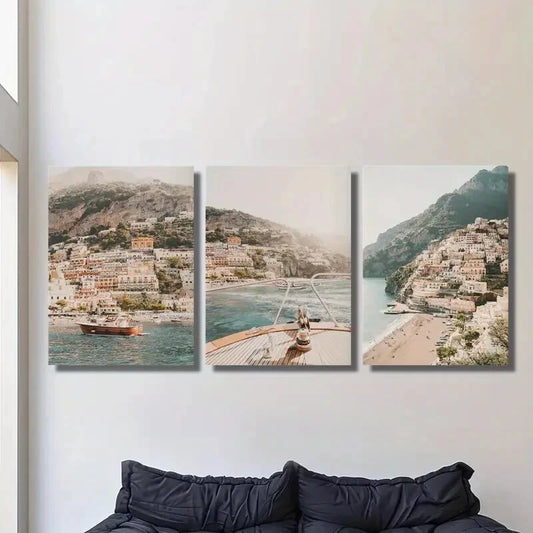 3pcs Italy Coast Beach City Landscape Metal Print Ready to Hang Art