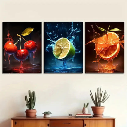 3pcs Orange and Cherry Water Droplet Design Metal Print Ready to Hang Art