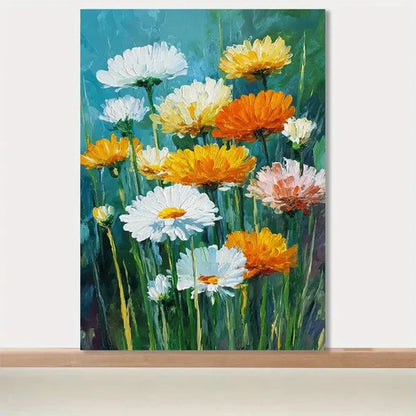 White & Yellow Daisies On Blue Background Painting 60x90cm Metal Print Ready to Hang