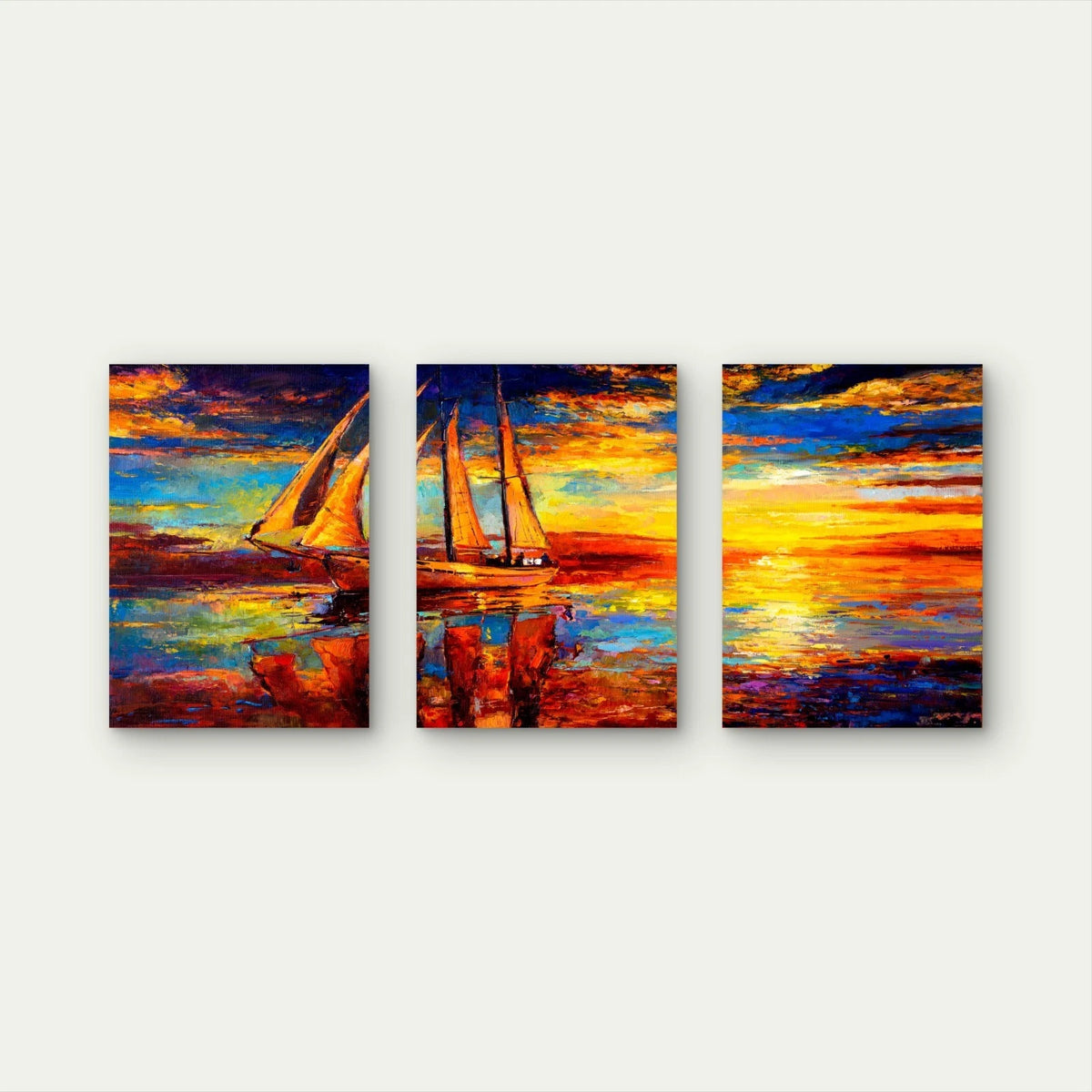 3pcs Golden Sunset Sailboats at Sea Wall Art Set Canvas Framed 50x70cm - High Quality Print 100% Australian Made Wall Canvas Ready to Hang