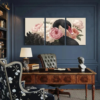 3pcs Artistic Elegant Black Swan Peony Flowers Metal Print Ready to Hang Art