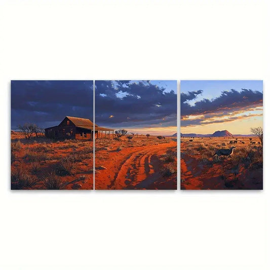 3pcs Australian Outback at blue hour, red sand Wall Art Set Canvas Framed 40x60cm - High Quality Print 100% Australian Made Wall Canvas Ready to Hang