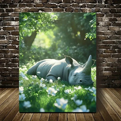 Scene of Rhino Rolling on The Grass Painting 40x60cm Metal Print Ready to Hang