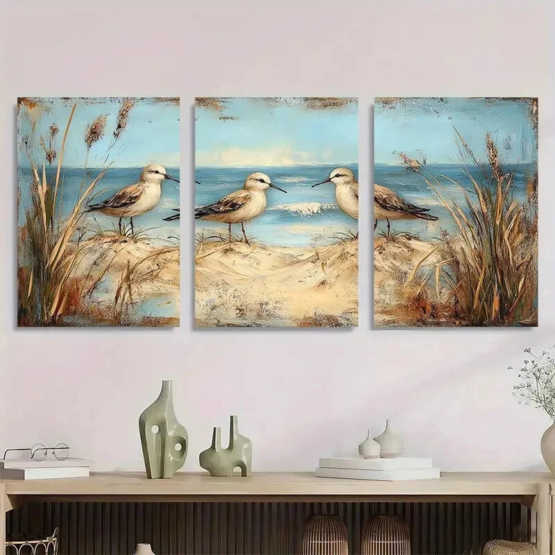 3pcs Charming Sandpiper Birds Beach Scene Metal Print Ready to Hang Art