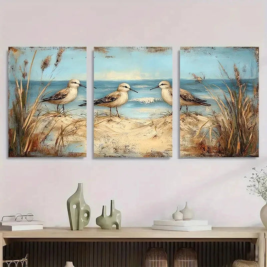 3pcs Charming Sandpiper Birds Beach Scene Metal Print Ready to Hang Art