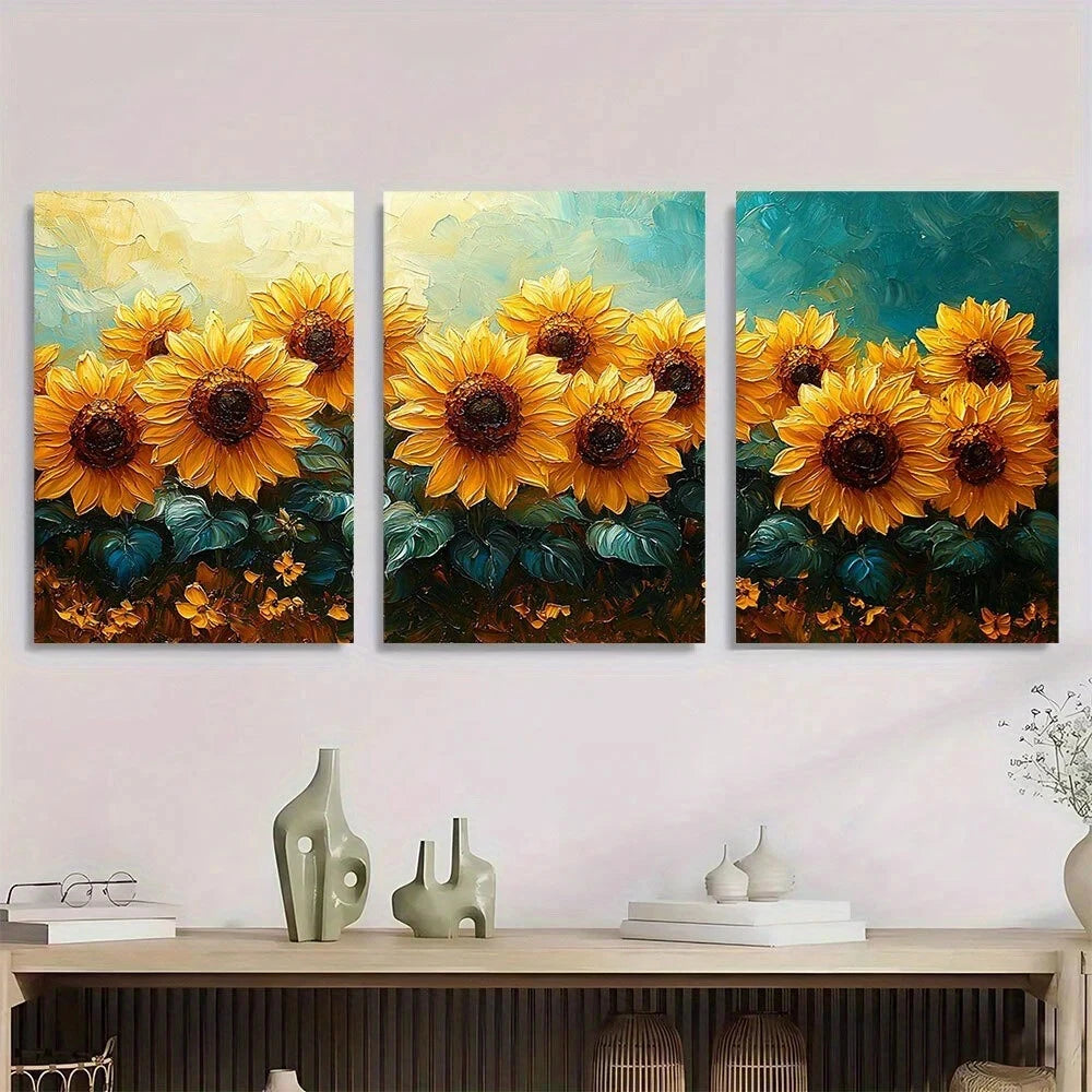 3pcs Vibrant Sunflowers Painting Metal Print Ready to Hang Art