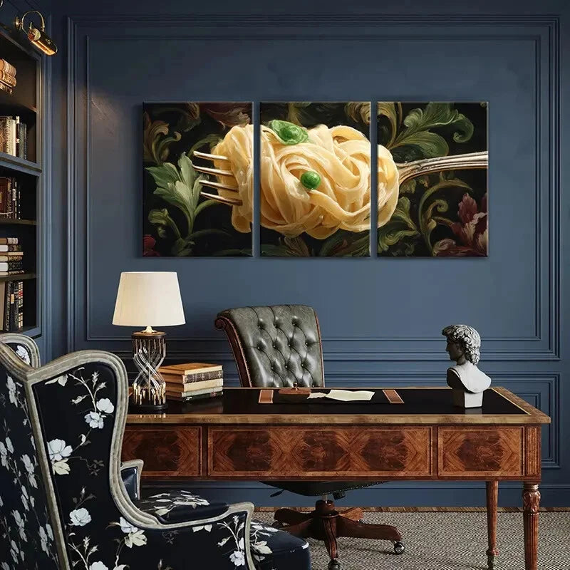 3pcs Fork Twirling Pasta with Peas Artistic Floral Metal Print Ready to Hang Art
