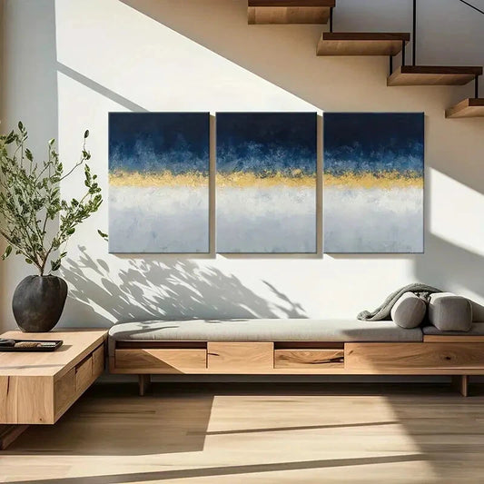 3pcs Blue Golden White Palette Textured Painting Metal Print Ready to Hang Art