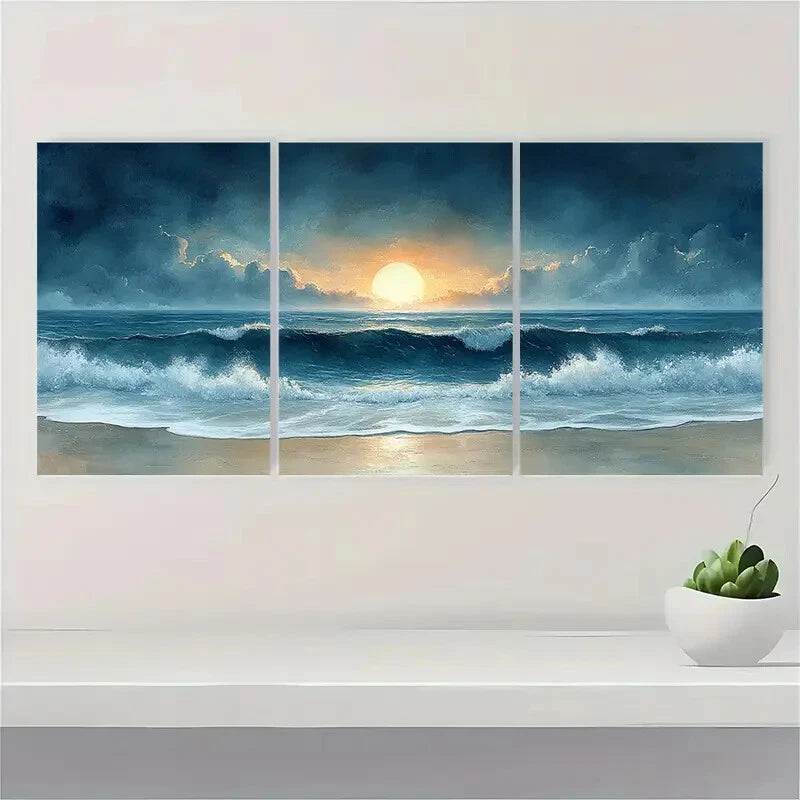 3pcs Ocean Beach Watercolor Art Seascape Paintings Metal Print Ready to Hang Art