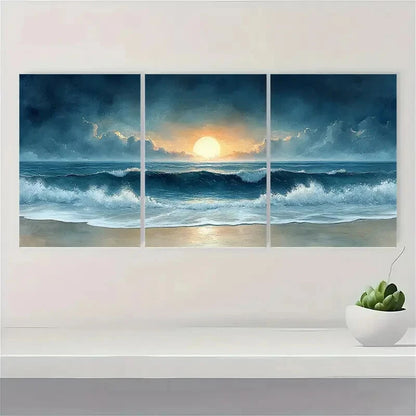 3pcs Ocean Beach Watercolor Art Seascape Paintings Metal Print Ready to Hang Art