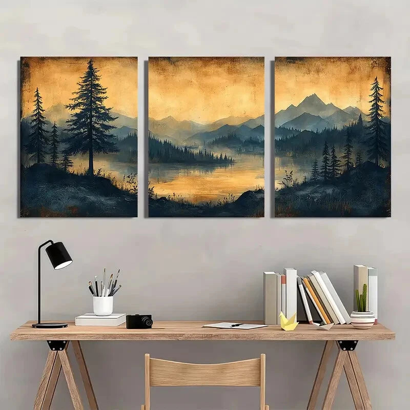 3pcs Vintage Sketch Pine Tree Artwork Landscape Metal Print Ready to Hang Art