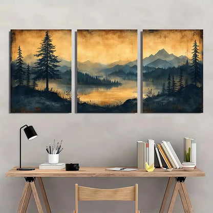 3pcs Vintage Sketch Pine Tree Artwork Landscape Metal Print Ready to Hang Art
