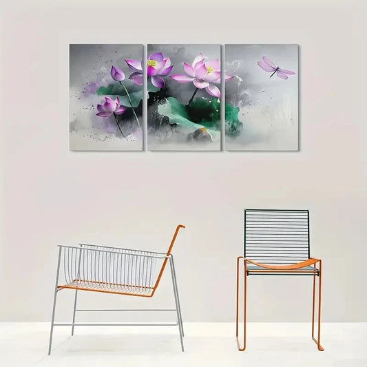 3pcs Lotus Flower and Dragonfly Metal Print Ready to Hang Artc