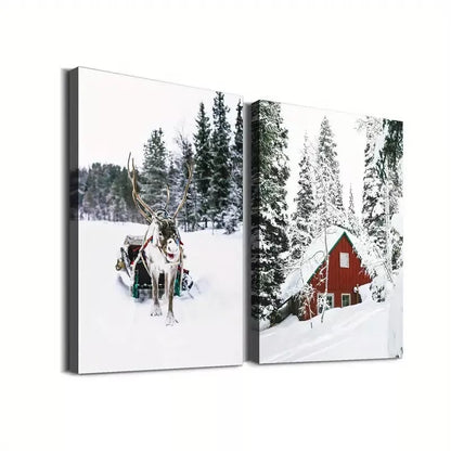 2pcs Winter Wonderland Snowy Trees Deer Framed 50x75cm - High Quality Print 100% Australian Made Wall Canvas Ready to Hang