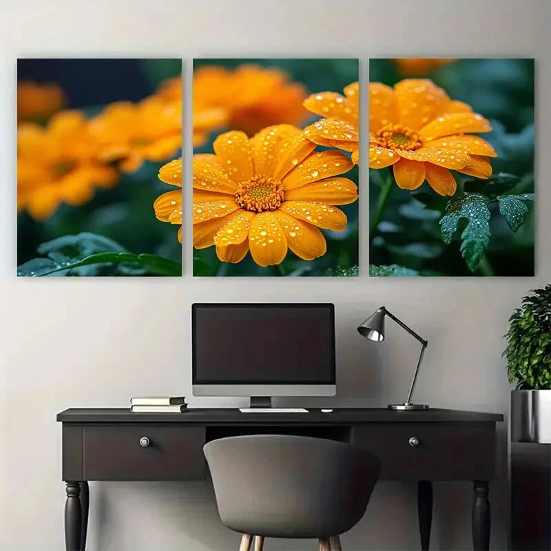 3pcs Vibrant Calendula Marigold with Raindrops Metal Print Ready to Hang Art