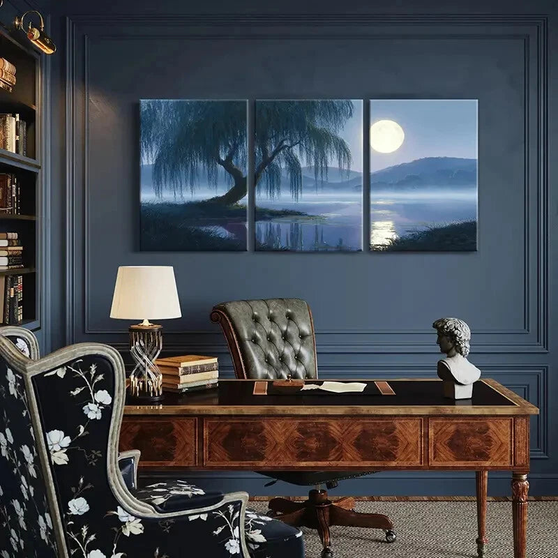 3pcs Serene Lake Reflection Full Moon Glow Metal Print Ready to Hang Art
