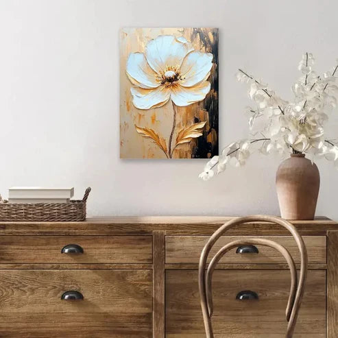 Beautiful Golden & White Floral Abstract Painting 60x90cm Metal Print Ready to Hang