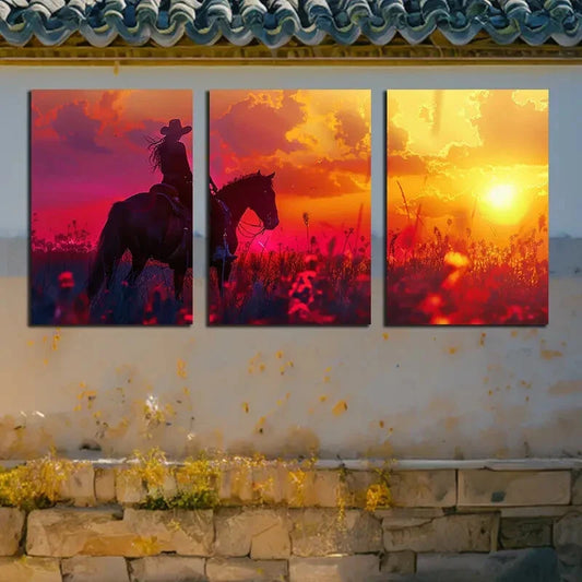 3pcs Vibrant Horseman Sunset Scene Metal Print Ready to Hang Art