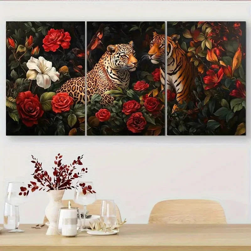 3pcs Jungle Animal and Rose, Ink Painting Metal Print Ready to Hang Art