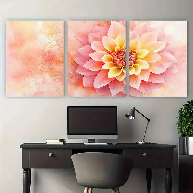 3pcs Soft Pink and Yellow Dahlia Elegant Floral Metal Print Ready to Hang Art