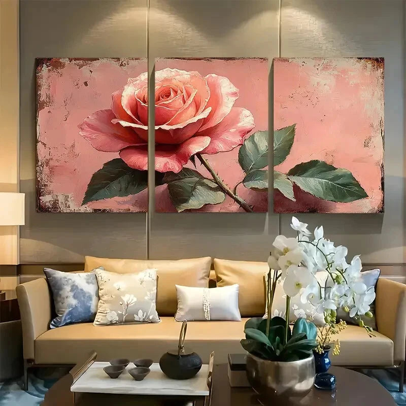 3pcs Rose Light Pink Botanical Metal Print Ready to Hang Art