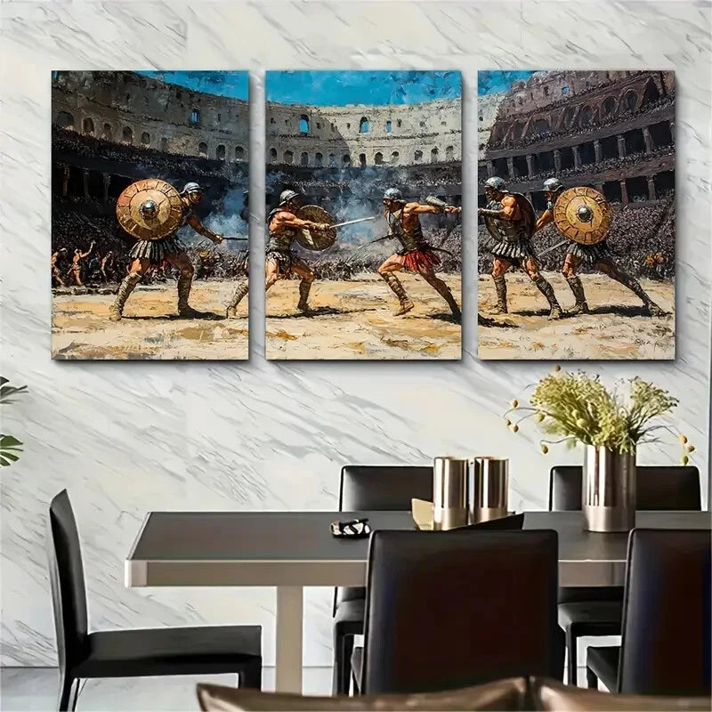 3pcs Ancient Roman Gladiators in the Colosseum Metal Print Ready to Hang Art