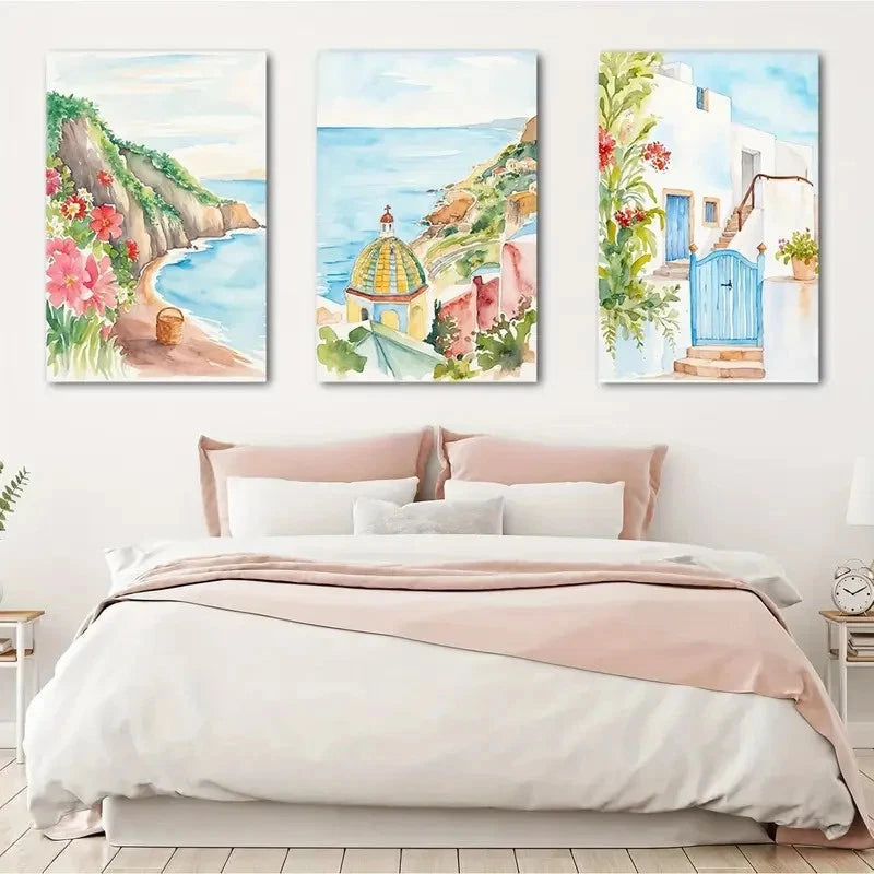 3pcs Italian Coast Mediterranean Seascape Painting Metal Print Ready to Hang Art