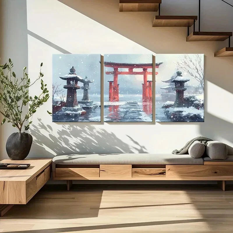 3pcs Winter Wonderland Torii Gate Snowy Landscape Metal Print Ready to Hang Art