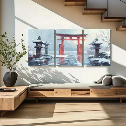 3pcs Winter Wonderland Torii Gate Snowy Landscape Metal Print Ready to Hang Art