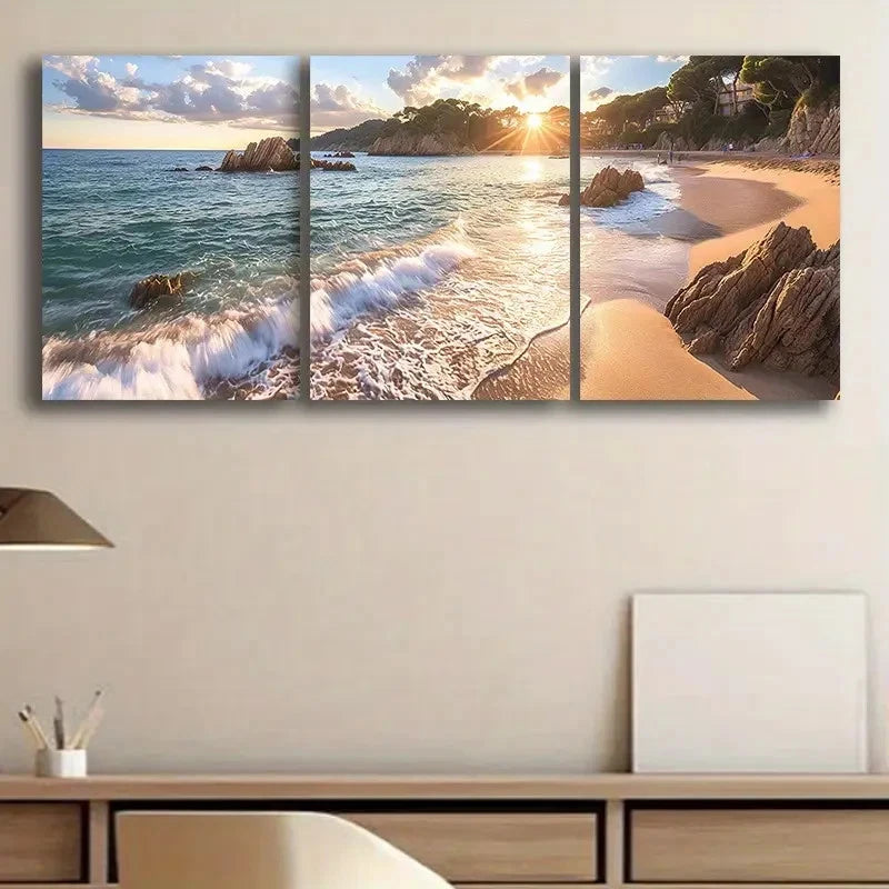 3pcs Serene Beach Waves Sunset Metal Print Ready to Hang Art