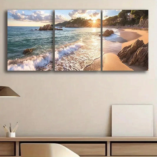 3pcs Serene Beach Waves Sunset Metal Print Ready to Hang Art