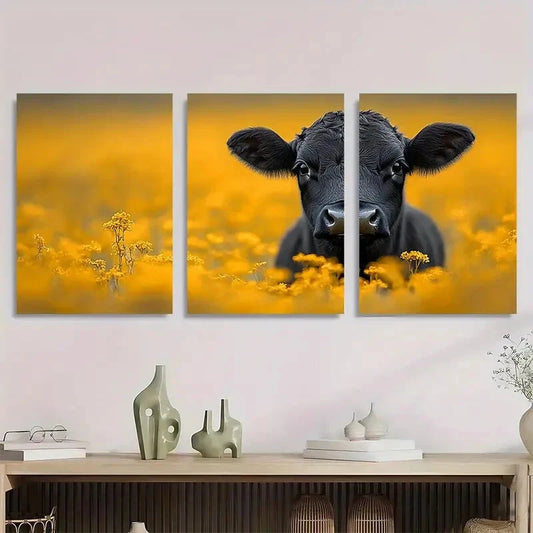 3pcs Black Cow Vibrant Yellow Field Metal Print Ready to Hang Art