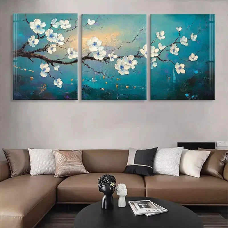 3pcs Elegant Magnolia Blossom Blue & White Tones Metal Print Ready to Hang Art