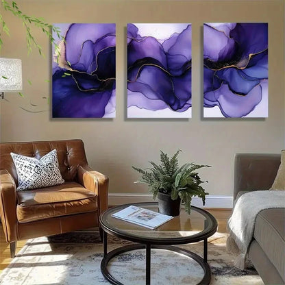 3pcs Flowing Purple Watercolor with Golden Veins Metal Print Ready to Hang Art