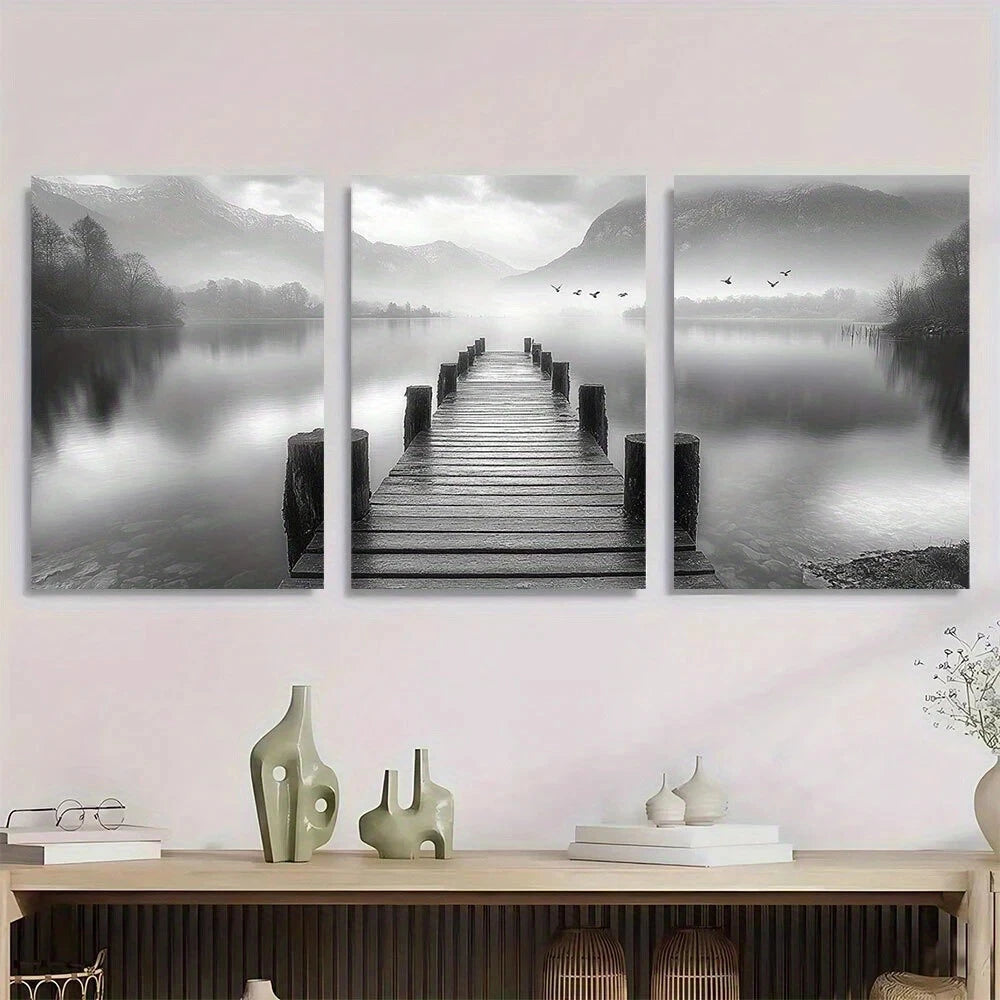 3pcs Black and White Lake Flying Birds Metal Print Ready to Hang Art
