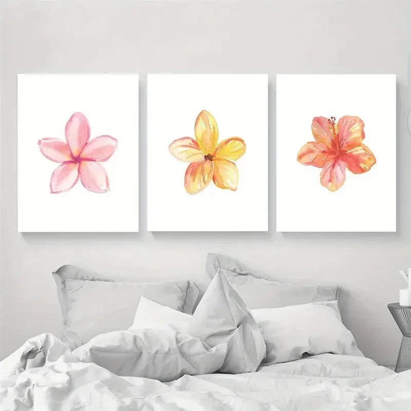 3pcs Tropical Flowers Wall Art Set Watercolor Metal Print Ready to Hang Art