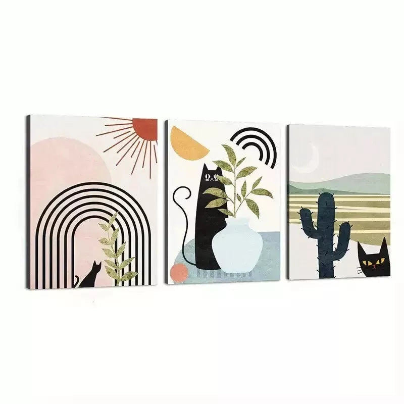 3pcs Minimalist Cats, Geometric Lines & Celestial  Wall Art Set Canvas Framed 50x70cm - High Quality Print 100% Australian Made Wall Canvas Ready to Hang