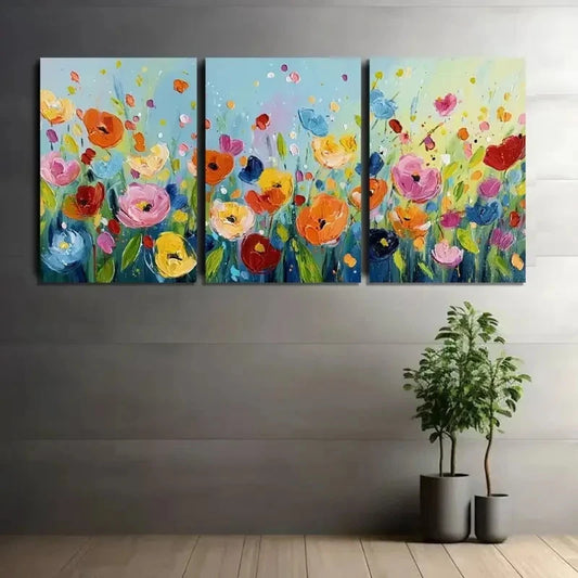3pcs Colorful Flowers Painted with Simple Brushes Metal Print Ready to Hang Art