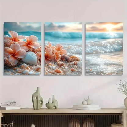 3pcs Beach Sunset Vibrant Ocean Waves Flowers Metal Print Ready to Hang Art