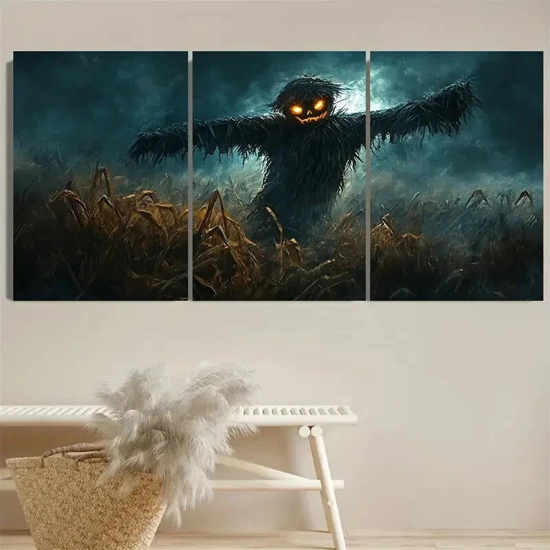 3pcs Halloween Scarecrow with Glowing Eyes Metal Print Ready to Hang Art